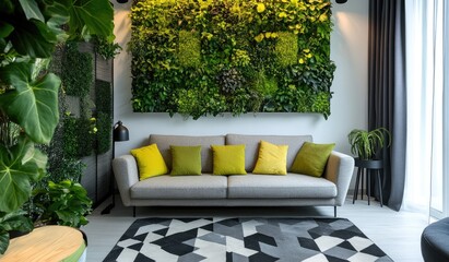 Photograph of a modern living room with a grey sofa and green plants on the white wall, a geometric black pattern carpet, and a large yellow pillow placed in front of it. Created with Ai