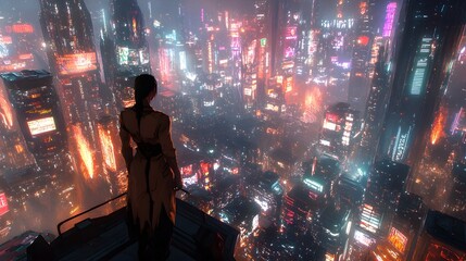 A city illuminated by vibrant firework displays, blending with the cyberpunk skyline, glowing billboards, and futuristic architecture, digital painting, high detail