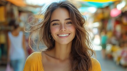 Portrait of a young woman smiling in a market.