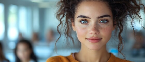 Portrait of a young woman with curly hair and blue eyes smiling at the camera.