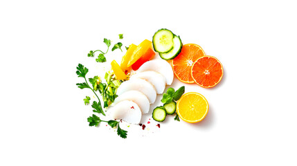 Fresh and colorful assortment of vegetables and fruits arranged on a white background, perfect for healthy eating concepts.