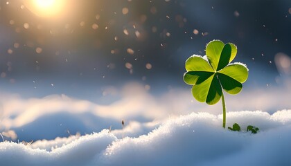 Wall Mural - Snow-kissed fourleaf clover basking in soft sunlight, showcasing the delicate beauty of nature through AI generative technology