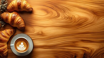 Croissants with a cup of coffee with latte art on a wooden background.