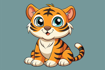 Poster - A cute baby tiger sits cheerfully with big sparkling eyes, showcasing its playful nature against a gentle backdrop.