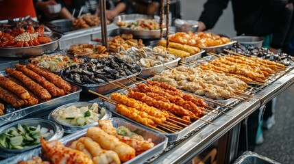 Vibrant Korean Street Food Market: Hotteok, Skewers, and Fish Cakes on Sunlit Table