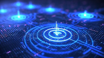 Fototapete - Abstract digital interface with glowing blue circles, symbolizing network connections and data flow.