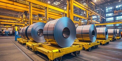 Wall Mural - Large rolls of steel on transport carts in an industrial warehouse, showcasing modern manufacturing and production processes. 