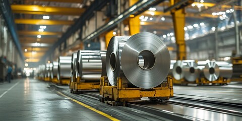 Wall Mural - Large rolls of steel on transport carts in an industrial warehouse, showcasing modern manufacturing and production processes.