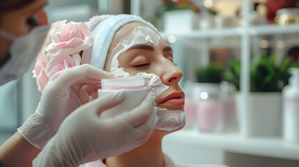 close up beautician's hands applying anti-aging facial cream on woman client face to prevent wrinkle