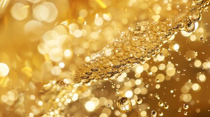 Poster - Close-up of golden liquid with bubbles and bokeh, creating a luxurious and sparkling effect.