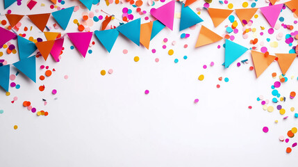 Lively party decorations with bright confetti and festive bunting against a neutral background, perfect for adding a festive touch to any celebration.