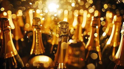 Close-up of several champagne bottles, their golden hues and sparkling surfaces reflecting the celebratory atmosphere. The blurred background highlights the festive ambiance of the scene.