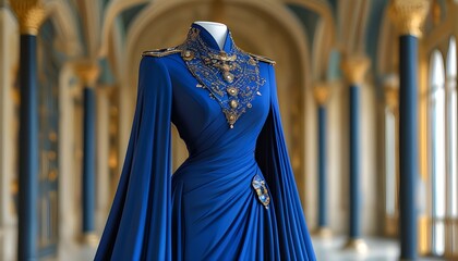 Regal merchants in luxurious blue robes, enhanced by AI technology, exemplify elegance and professionalism