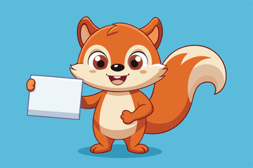 Wall Mural - A cheerful cartoon squirrel stands proudly holding a blank sign, ready to share a message in a vibrant, blue background.