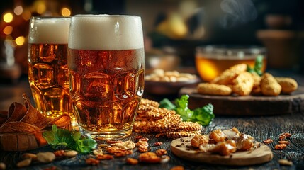 beer glasses and beer snacks on the table