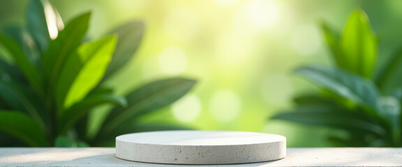 Sticker - White Stone Podium On Blurred Green Background