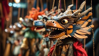 Wall Mural - Enchanting dragon puppet enthralls audience in vibrant puppet show, showcasing the magic of puppetry and entertainment through generative AI creativity.