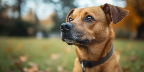 Dog's Face in a Park, intimate close-up of a dog's expression, gentle park ambiance softly blurred in the background, warm and inviting scene