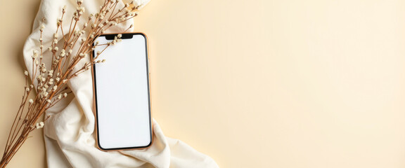 Minimalist Phone Mockup with Dried Flowers and Fabric