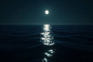 dark blue ocean at night with full moon and stars - calm water surface reflection - peaceful nature 