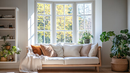 A cozy living room featuring a stylish couch with cushions in front of large windows overlooking a bright garden in autumn