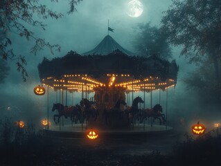 Wall Mural - A Haunted Carousel in a Foggy Forest with Jack-o'-Lanterns