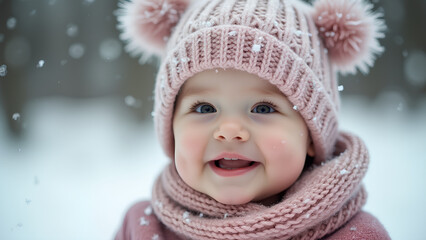 Wall Mural - Cute little baby girl smiling wearing woolen cap and scarf and winter clothes with snow day in winter Christmas holiday