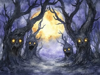 Wall Mural - Watercolor painting of grotesque tree creatures with glowing eyes in a dark forest under a full moon