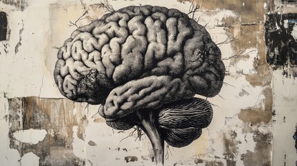 Wall Mural - Abstract brain background. Photocopy stippled style with collage elements of brain