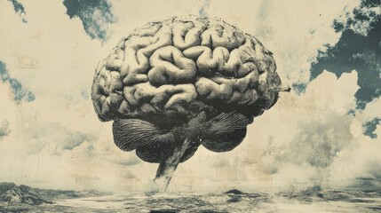 Abstract brain background. Photocopy stippled style with collage elements of brain