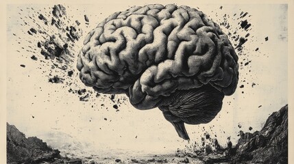 Wall Mural - Abstract brain background. Photocopy stippled style with collage elements of brain