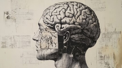 Wall Mural - Abstract brain background. Photocopy stippled style with collage elements of brain