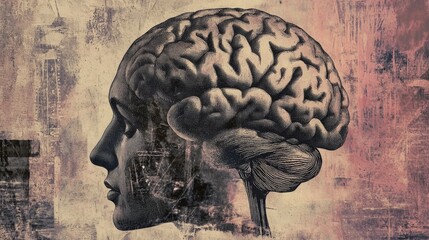 Wall Mural - Abstract brain background. Photocopy stippled style with collage elements of brain