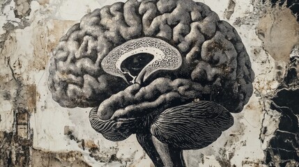 Wall Mural - Abstract brain background. Photocopy stippled style with collage elements of brain
