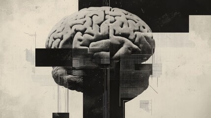 Wall Mural - Abstract brain background. Photocopy stippled style with collage elements of brain