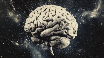 Wall Mural - Abstract brain background. Photocopy stippled style with collage elements of brain