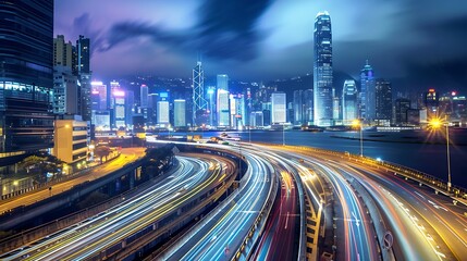 Wall Mural - Long exposure shot of a cityscape at night, showcasing the bright lights of the city and the trails of car headlights on the highway below.