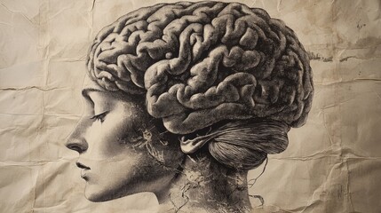 Wall Mural - Abstract brain background. Photocopy stippled style with collage elements of brain