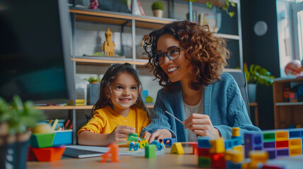 Female speech therapist working on dyslexic kid's problems and impediments. Happy child together with speech language pathologist sitting at a desk in modern office, playing fun ga