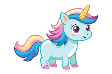 Poster - A cheerful unicorn with a colorful mane and horn stands adorably against a white background, capturing a whimsical and playful essence.