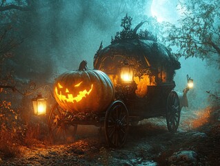 Wall Mural - A Spooky Carriage With A Jack-O-Lantern In A Mystical Forest At Night