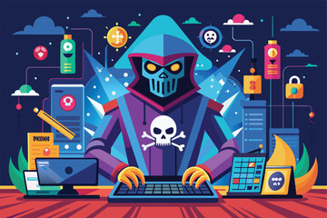 Poster - A hooded figure conducts a cyber attack with digital tools, symbols, and data flowing around in a vibrant, tech-themed environment.