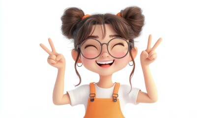 Canvas Print - A cheerful brunette girl in orange overalls makes a playful finger heart gesture, showcasing a fun, minimal style.