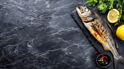 Wall Mural - Grilled fish with lemon and parsley on black slate background.