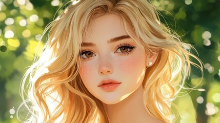 Poster - A vibrant digital art piece featuring a college girl in a scenic countryside, showcasing her blonde hair and charming freckled face.