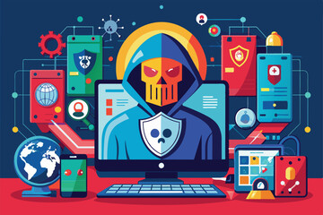 Poster - A vibrant illustration showcasing a hacker in a hoodie surrounded by digital security icons and technology, emphasizing the themes of cyber attacks.