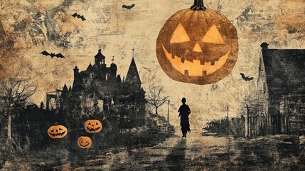 Abstract Halloween background. Photocopy stippled style with collage elements of Halloween