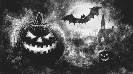 Abstract Halloween background. Photocopy stippled style with collage elements of Halloween