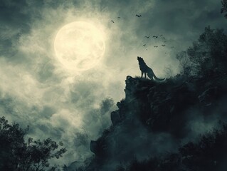 Wall Mural - A Lone Wolf Howling Under a Full Moon in a Foggy Forest