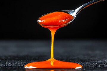 Close-up of hot sauce dripping from a spoon, with fiery orange sauce and a dramatic black background